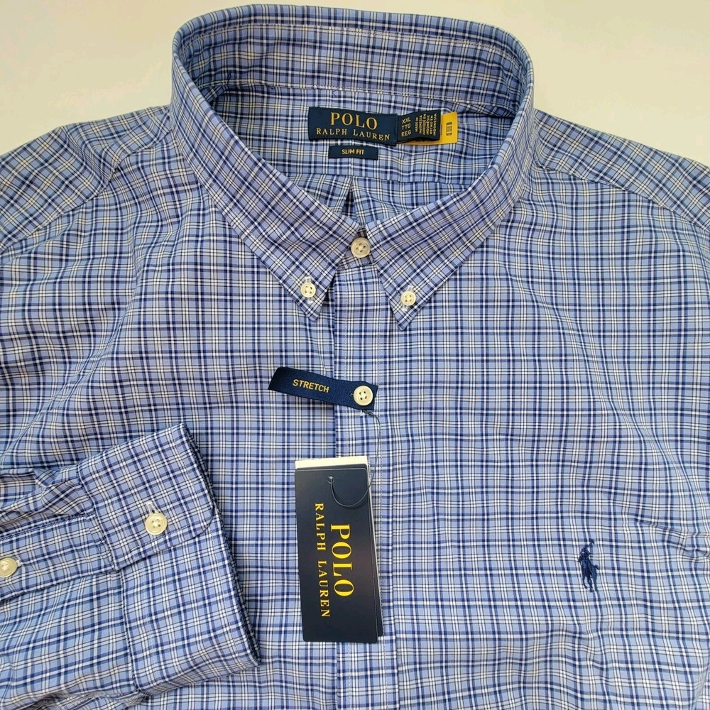 Polo Ralph Lauren Slim Fit Blue Multi Plaid Mens XXL TTG NEW $125 Classic Preppy